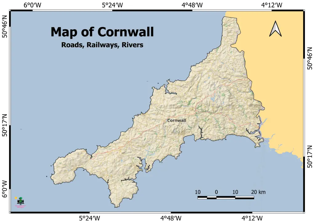 Map of Cornwall (Roads, Railways, Rivers)