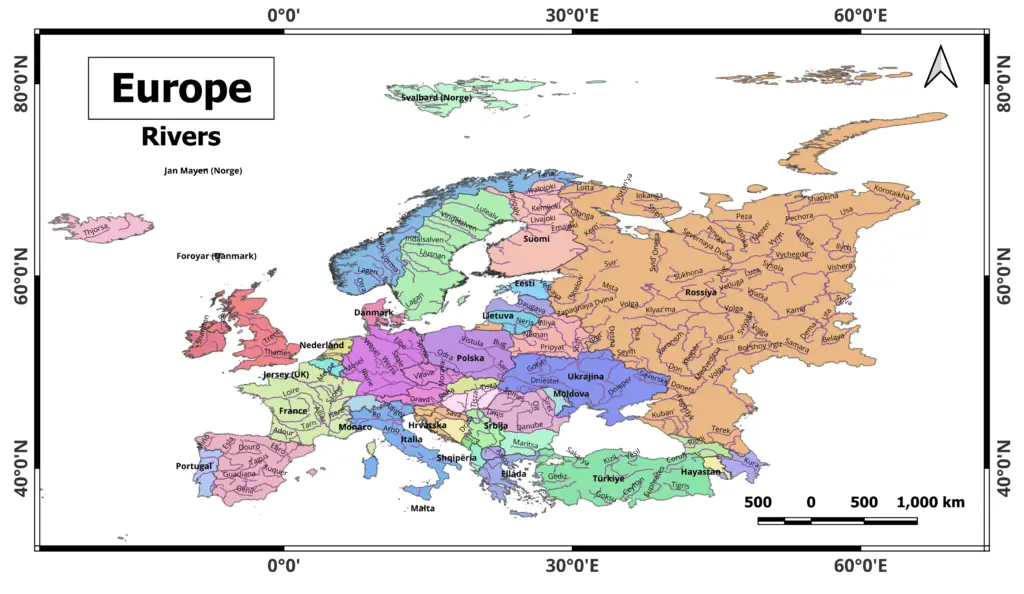 Rivers map of Europe (río en el mapa de europa)
