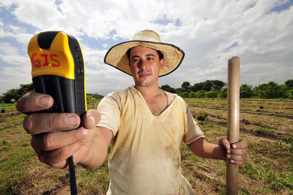 A handheld GPS device, which is one of the central technologies on site-specific agriculture.